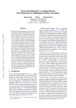 Neuron Specialization: Leveraging intrinsic task modularity for
  multilingual machine translation