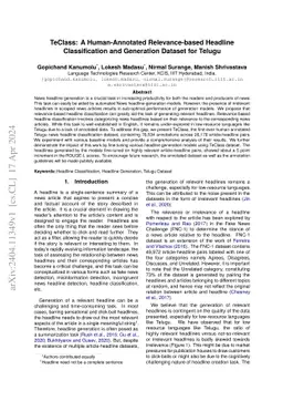 TeClass: A Human-Annotated Relevance-based Headline Classification and
  Generation Dataset for Telugu
