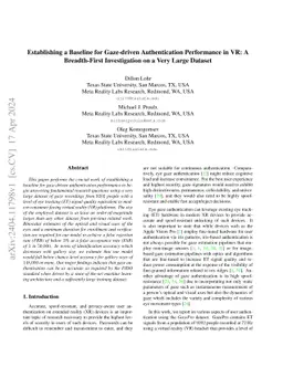 Establishing a Baseline for Gaze-driven Authentication Performance in
  VR: A Breadth-First Investigation on a Very Large Dataset