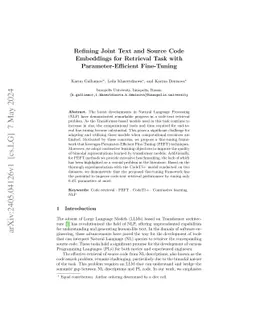 Refining Joint Text and Source Code Embeddings for Retrieval Task with
  Parameter-Efficient Fine-Tuning