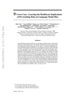 Cross-Care: Assessing the Healthcare Implications of Pre-training Data
  on Language Model Bias