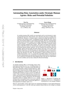 Automating Data Annotation under Strategic Human Agents: Risks and
  Potential Solutions