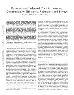 Feature-based Federated Transfer Learning: Communication Efficiency,
  Robustness and Privacy