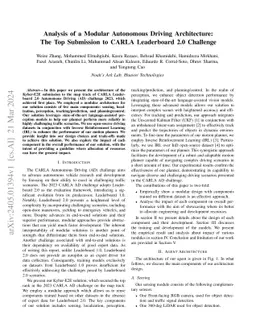 Analysis of a Modular Autonomous Driving Architecture: The Top
  Submission to CARLA Leaderboard 2.0 Challenge