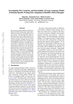 Investigating Wit, Creativity, and Detectability of Large Language
  Models in Domain-Specific Writing Style Adaptation of Reddit's Showerthoughts