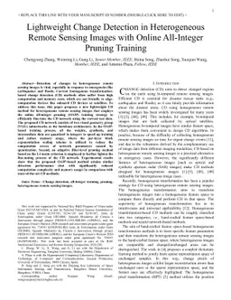 Lightweight Change Detection in Heterogeneous Remote Sensing Images with
  Online All-Integer Pruning Training