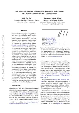 The Trade-off between Performance, Efficiency, and Fairness in Adapter
  Modules for Text Classification
