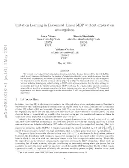 Imitation Learning in Discounted Linear MDPs without exploration
  assumptions