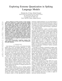 Exploring Extreme Quantization in Spiking Language Models