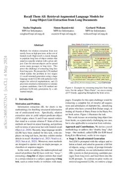 Recall Them All: Retrieval-Augmented Language Models for Long Object List Extraction from Long Documents