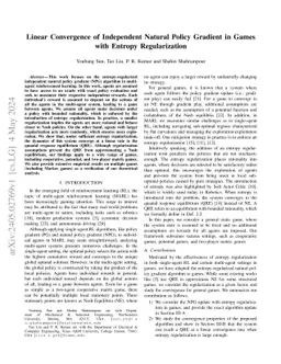 Linear Convergence of Independent Natural Policy Gradient in Games with
  Entropy Regularization