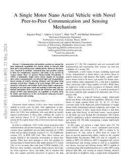 A Single Motor Nano Aerial Vehicle with Novel Peer-to-Peer Communication and Sensing Mechanism