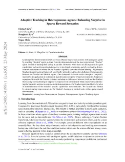 Adaptive Teaching in Heterogeneous Agents: Balancing Surprise in Sparse
  Reward Scenarios