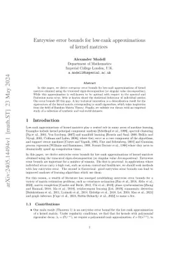 Entrywise error bounds for low-rank approximations of kernel matrices