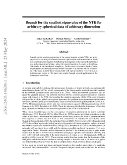 Bounds for the smallest eigenvalue of the NTK for arbitrary spherical
  data of arbitrary dimension