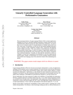 Linearly Controlled Language Generation with Performative Guarantees