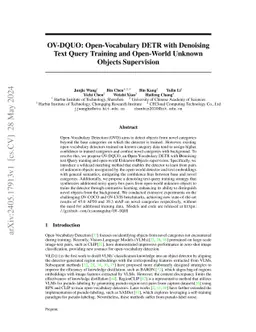 OV-DQUO: Open-Vocabulary DETR with Denoising Text Query Training and
  Open-World Unknown Objects Supervision