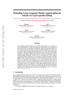 Defending Large Language Models Against Jailbreak Attacks via
  Layer-specific Editing