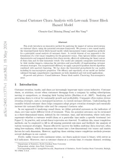 Causal Customer Churn Analysis with Low-rank Tensor Block Hazard Model