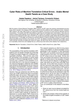 Cyber Risks of Machine Translation Critical Errors : Arabic Mental
  Health Tweets as a Case Study