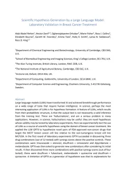 Scientific Hypothesis Generation by a Large Language Model: Laboratory Validation in Breast Cancer Treatment