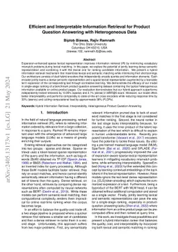 Efficient and Interpretable Information Retrieval for Product Question
  Answering with Heterogeneous Data