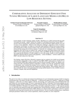 Comparative Analysis of Different Efficient Fine Tuning Methods of Large
  Language Models (LLMs) in Low-Resource Setting