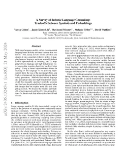A Survey of Robotic Language Grounding: Tradeoffs between Symbols and
  Embeddings