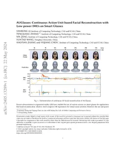 AUGlasses: Continuous Action Unit based Facial Reconstruction with
  Low-power IMUs on Smart Glasses