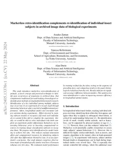 Markerless retro-identification complements re-identification of
  individual insect subjects in archived image data of biological experiments