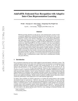 AdaFedFR: Federated Face Recognition with Adaptive Inter-Class
  Representation Learning