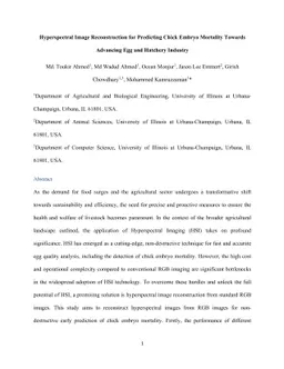 Hyperspectral Image Reconstruction for Predicting Chick Embryo Mortality
  Towards Advancing Egg and Hatchery Industry