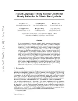 Masked Language Modeling Becomes Conditional Density Estimation for
  Tabular Data Synthesis