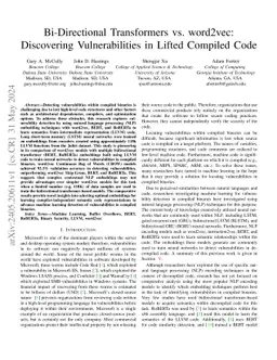 Bi-Directional Transformers vs. word2vec: Discovering Vulnerabilities in
  Lifted Compiled Code