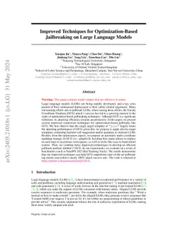 Improved Techniques for Optimization-Based Jailbreaking on Large
  Language Models