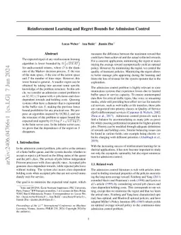 Reinforcement Learning and Regret Bounds for Admission Control