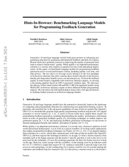 Hints-In-Browser: Benchmarking Language Models for Programming Feedback Generation