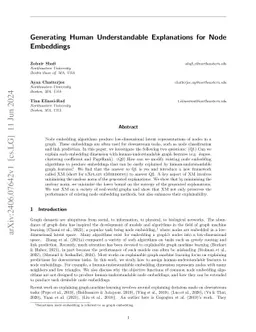 Generating Human Understandable Explanations for Node Embeddings