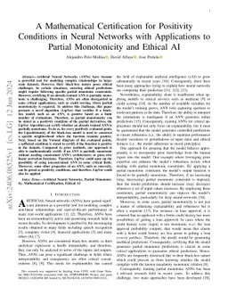 A mathematical certification for positivity conditions in Neural Networks with applications to partial monotonicity and Trustworthy AI