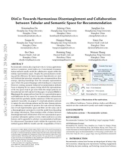 DisCo: Towards Harmonious Disentanglement and Collaboration between
  Tabular and Semantic Space for Recommendation