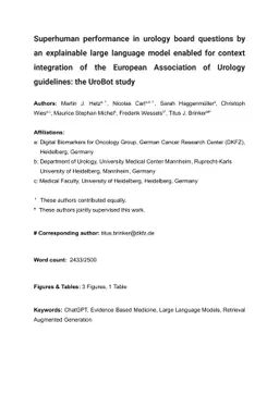 Superhuman performance in urology board questions by an explainable
  large language model enabled for context integration of the European
  Association of Urology guidelines: the UroBot study