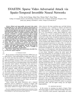 SVASTIN: Sparse Video Adversarial Attack via Spatio-Temporal Invertible
  Neural Networks