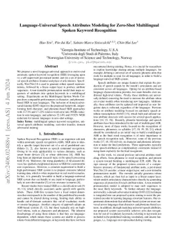Language-Universal Speech Attributes Modeling for Zero-Shot Multilingual
  Spoken Keyword Recognition