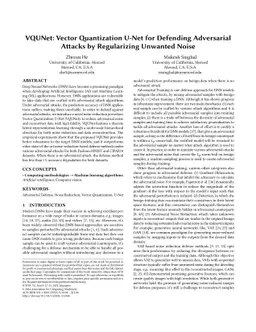 VQUNet: Vector Quantization U-Net for Defending Adversarial Atacks by
  Regularizing Unwanted Noise