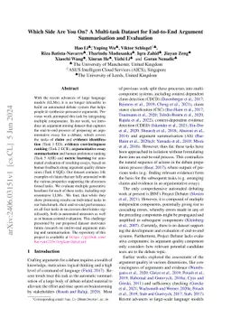 Which Side Are You On? A Multi-task Dataset for End-to-End Argument
  Summarisation and Evaluation