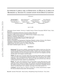 Automatic Labels are as Effective as Manual Labels in Biomedical Images
  Classification with Deep Learning
