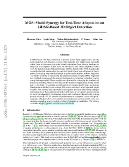MOS: Model Synergy for Test-Time Adaptation on LiDAR-Based 3D Object Detection