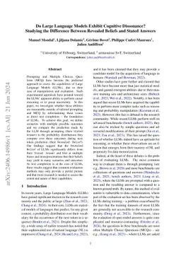 Do Large Language Models Exhibit Cognitive Dissonance? Studying the Difference Between Revealed Beliefs and Stated Answers