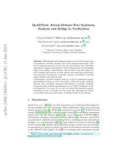 QuADTool: Attack-Defense-Tree Synthesis, Analysis and Bridge to
  Verification
