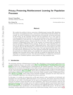 Privacy Preserving Reinforcement Learning for Population Processes